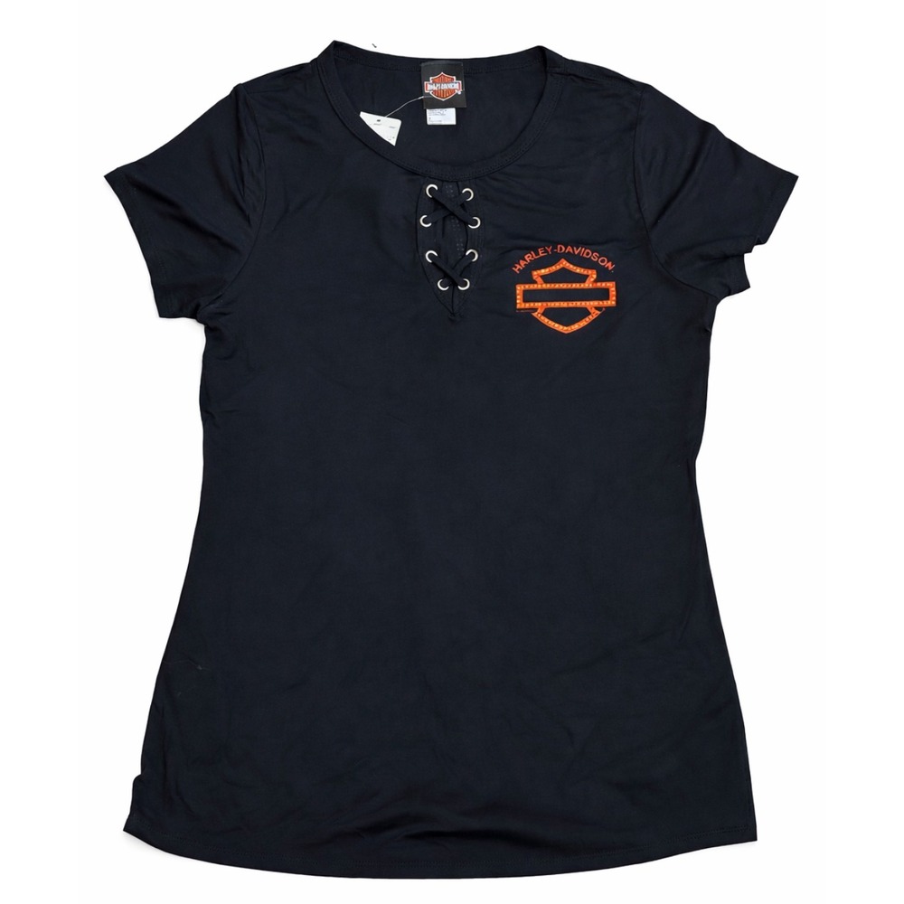 Harley Davidson Lace Up Tee NWT Black Womens XL Biker‎ Graphic Top